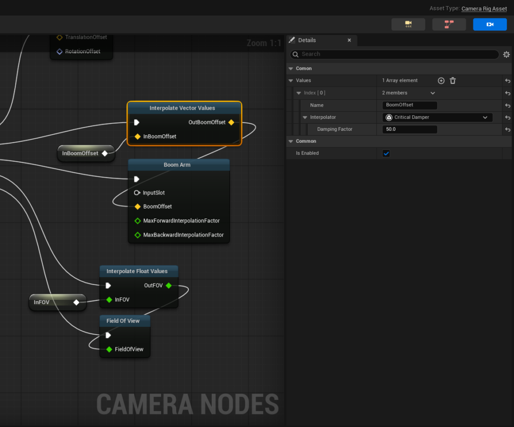 Value interpolator nodes, with output pins that can connect to other nodes' input pins.