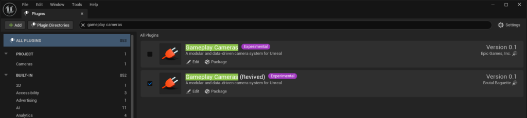 The UE5 plugin management dialog, with the vanilla GPC plugin disabled, and the "revived" version enabled.